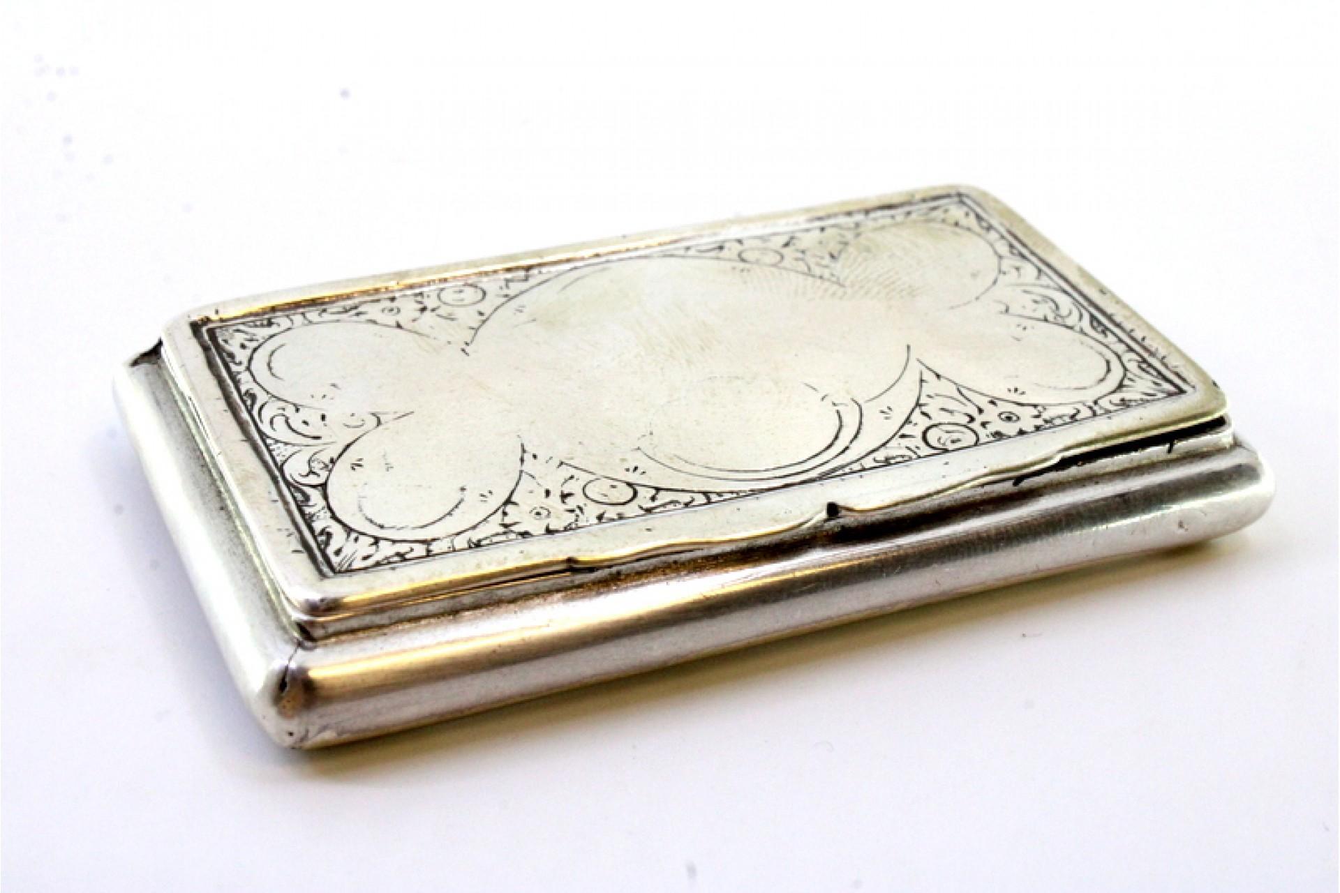 Description: Silver snuff box with engraving and hinged lid. Metal: Silver. Origin: Austrian. Brand: Vienna. Weight: 62.99 grams. Dimensions: 7.5cmx4.5cm. Content: 875/1000. Assay Mark: Yes, 1789. Additional information: Signs of use.