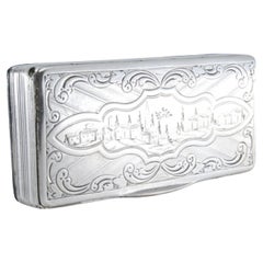 Silver snuff box with friezes and engraved city-scene lid