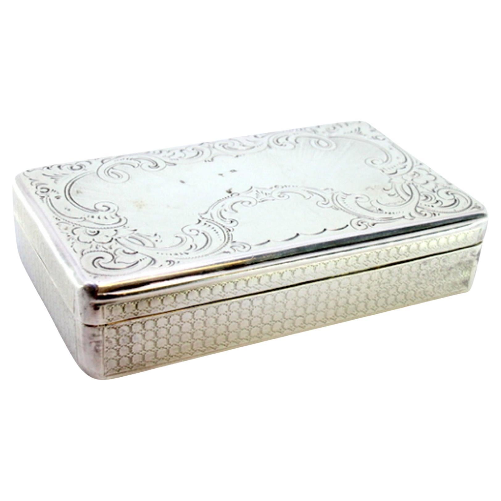 Silver snuff box with guilloche florals around monogram card