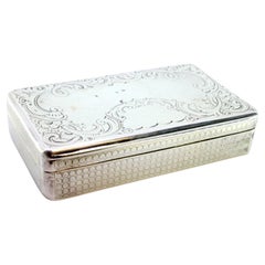Silver snuff box with guilloche florals around monogram card