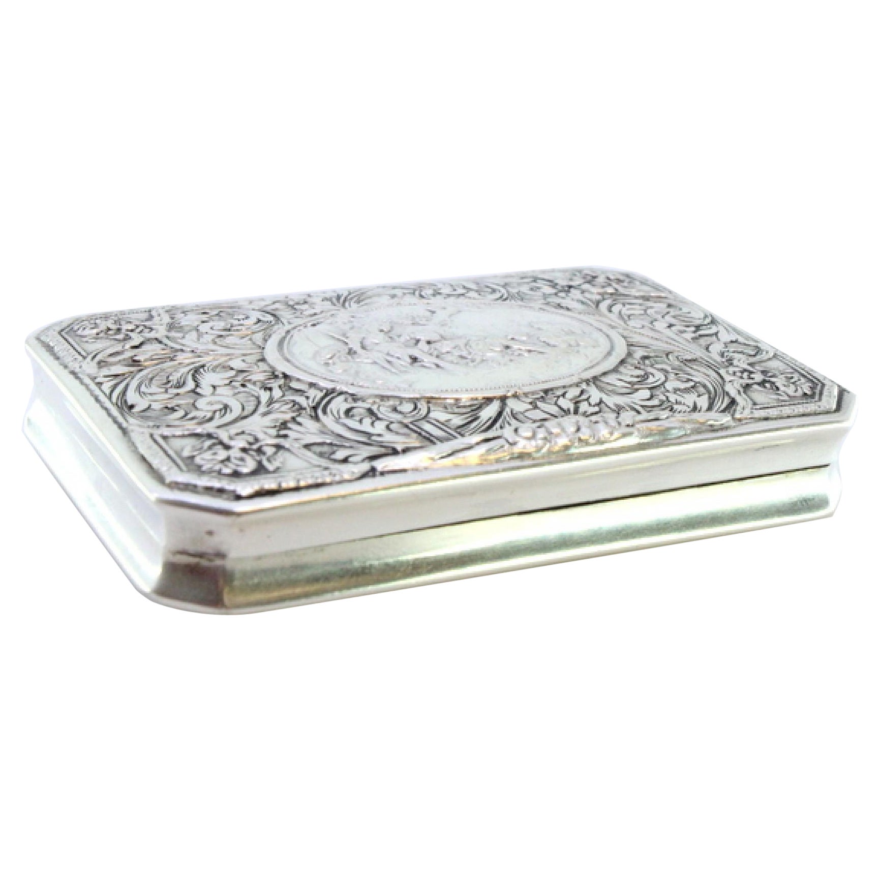 Silver snuff box with raised country-scene card and gold interior