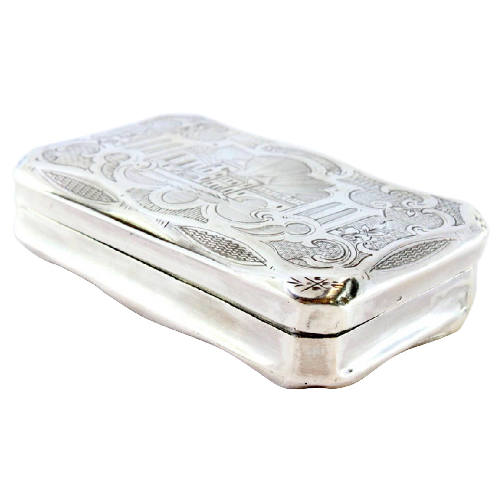 Silver snuffbox with city-view engravings 
guilloche background