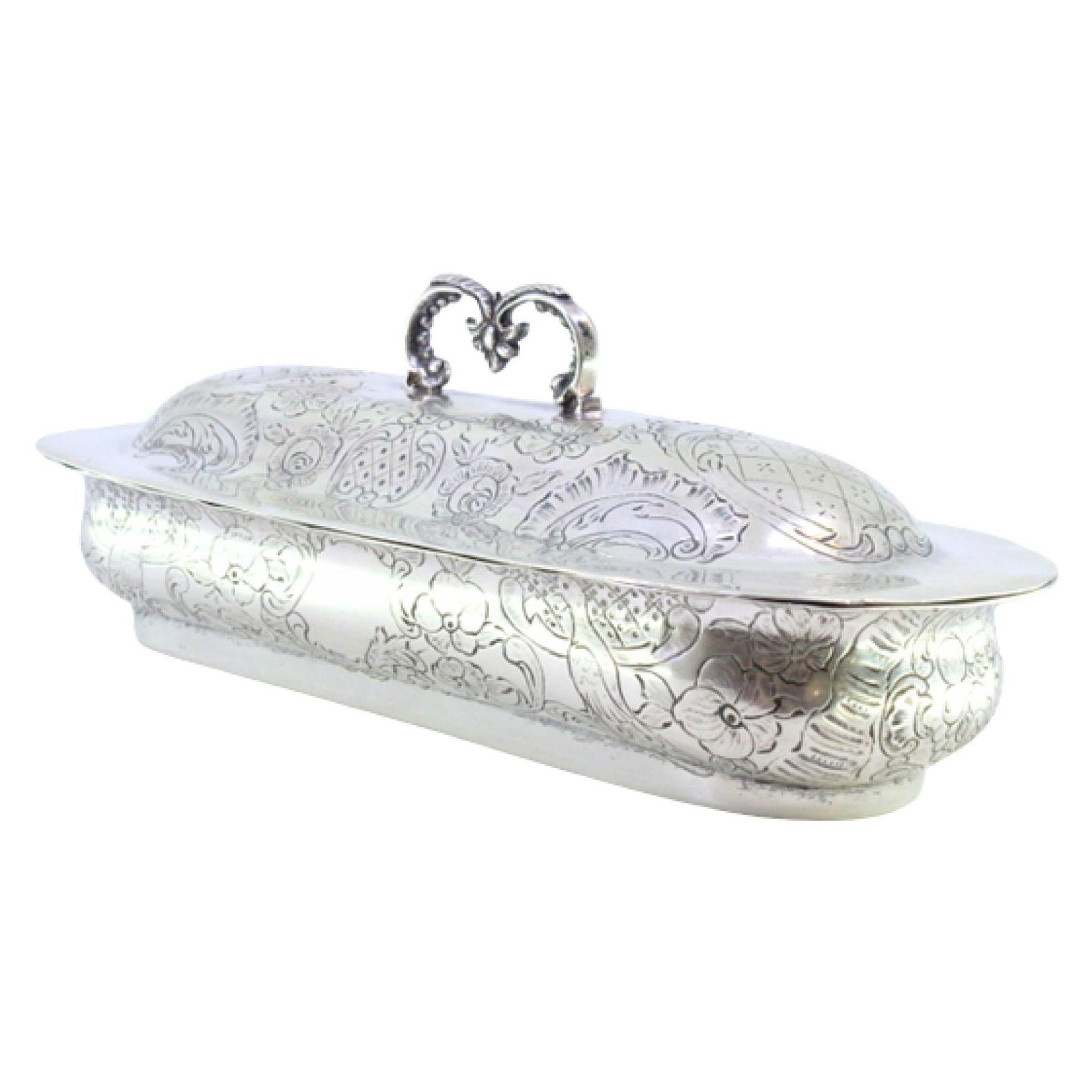 Silberne Seifenschale mit Monogramm-Gravur, Deckel mit Knauf und zwei Fächern