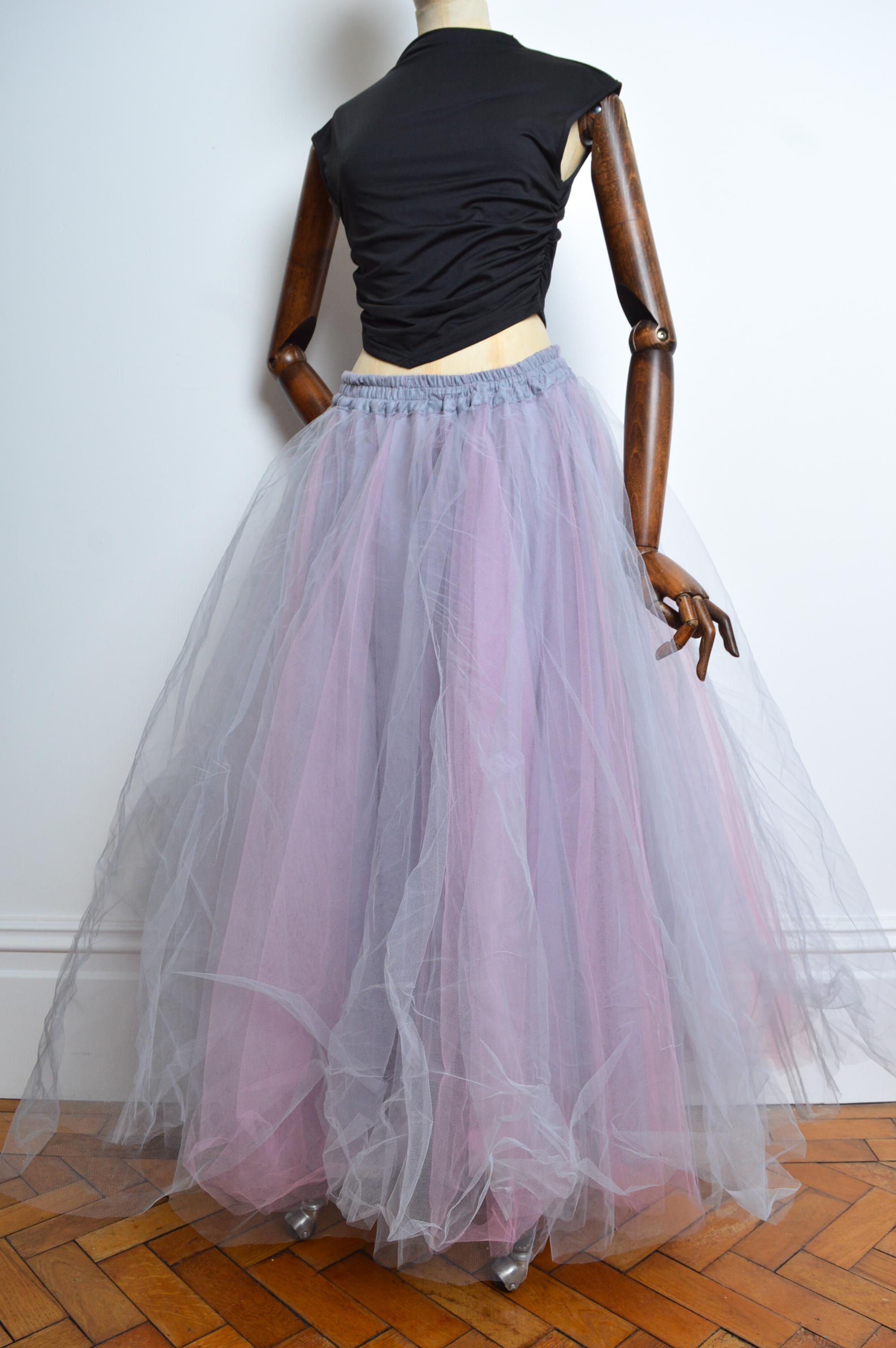 Gray Silver & Soft Rose Ballet Pink Huge Tulle Statement Maxi Skirt by Jeff Gallano For Sale