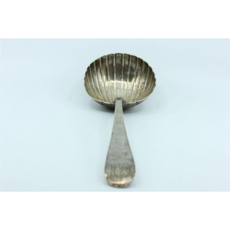 European Silver soup ladle in the shape of a shell and handle to be shipped For Sale
