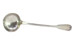 Silver soup ladle with grooves along the handle