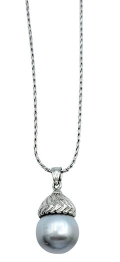 Silver South Sea Pearl Pendant Necklace with Rope Chain in 14 Karat White Gold