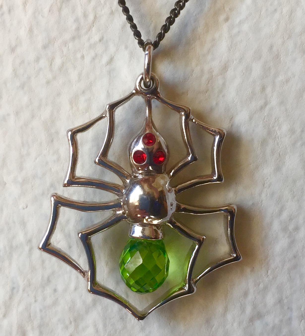 Silver Spider Pendant with Cultured Green Sapphire, and Red Zirconia For Sale 2