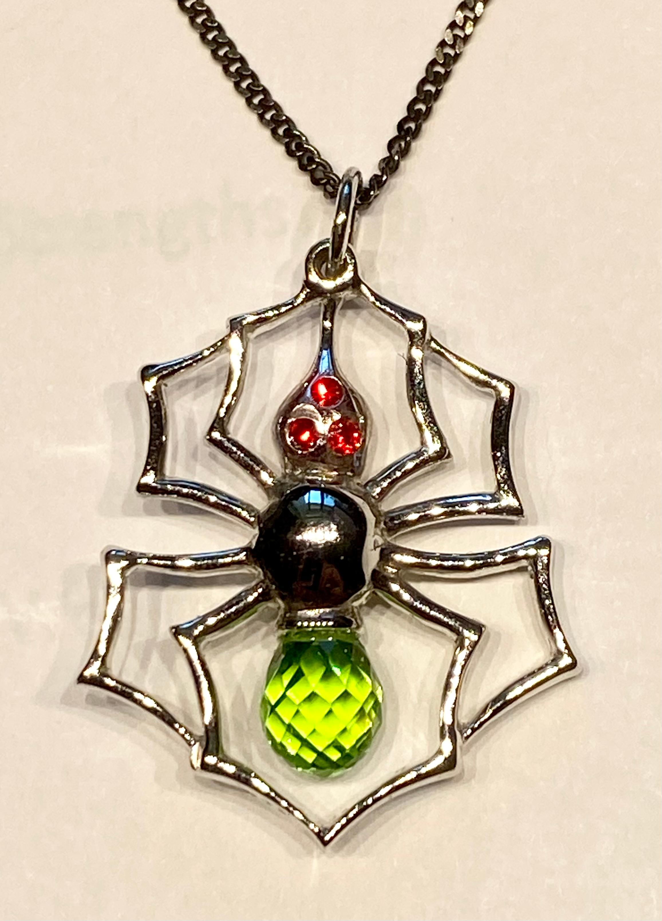 Silver Spider Pendant with Cultured Green Sapphire, and Red Zirconia For Sale 3
