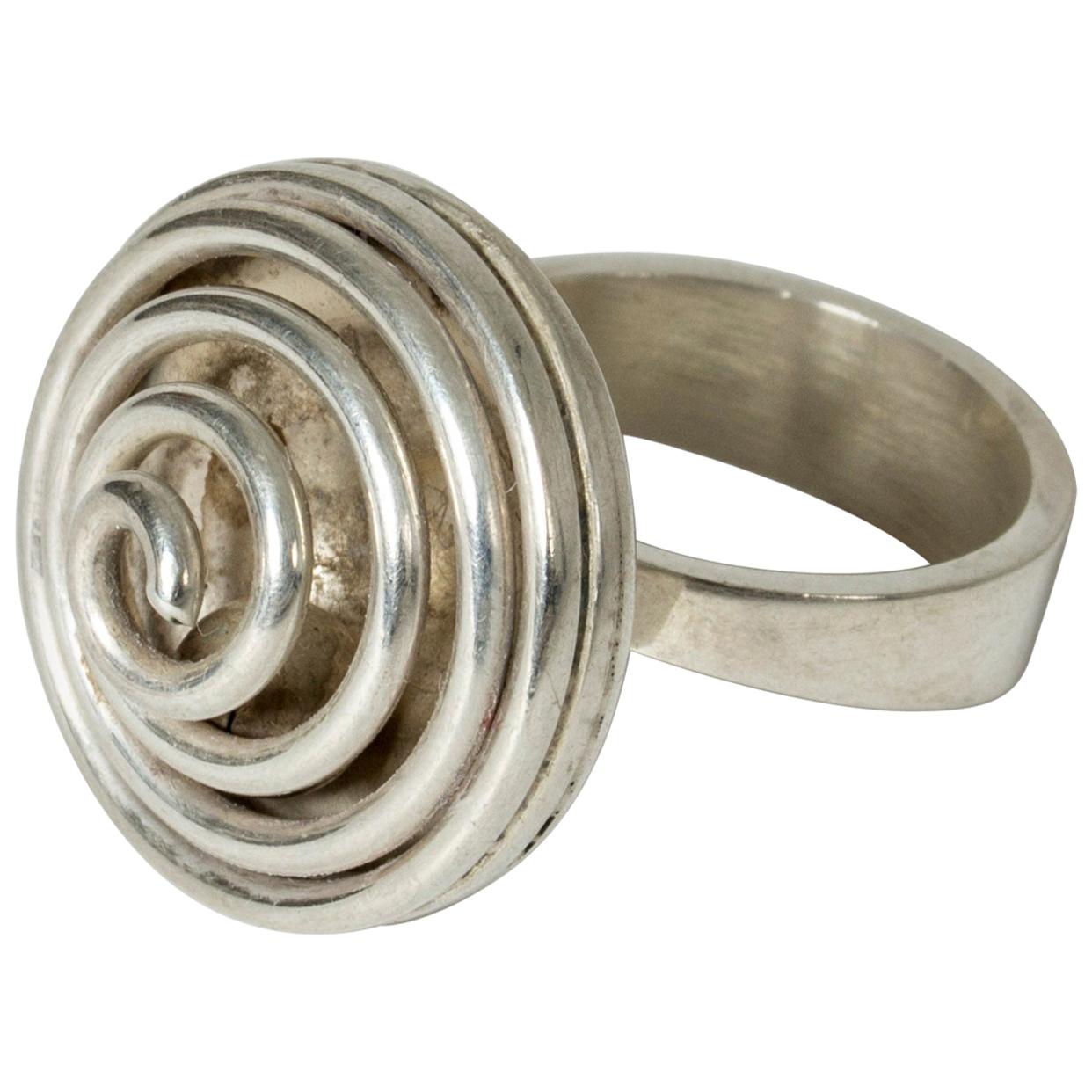 Silver Spiral Ring with Ball from Kaplans, Sweden, 1967