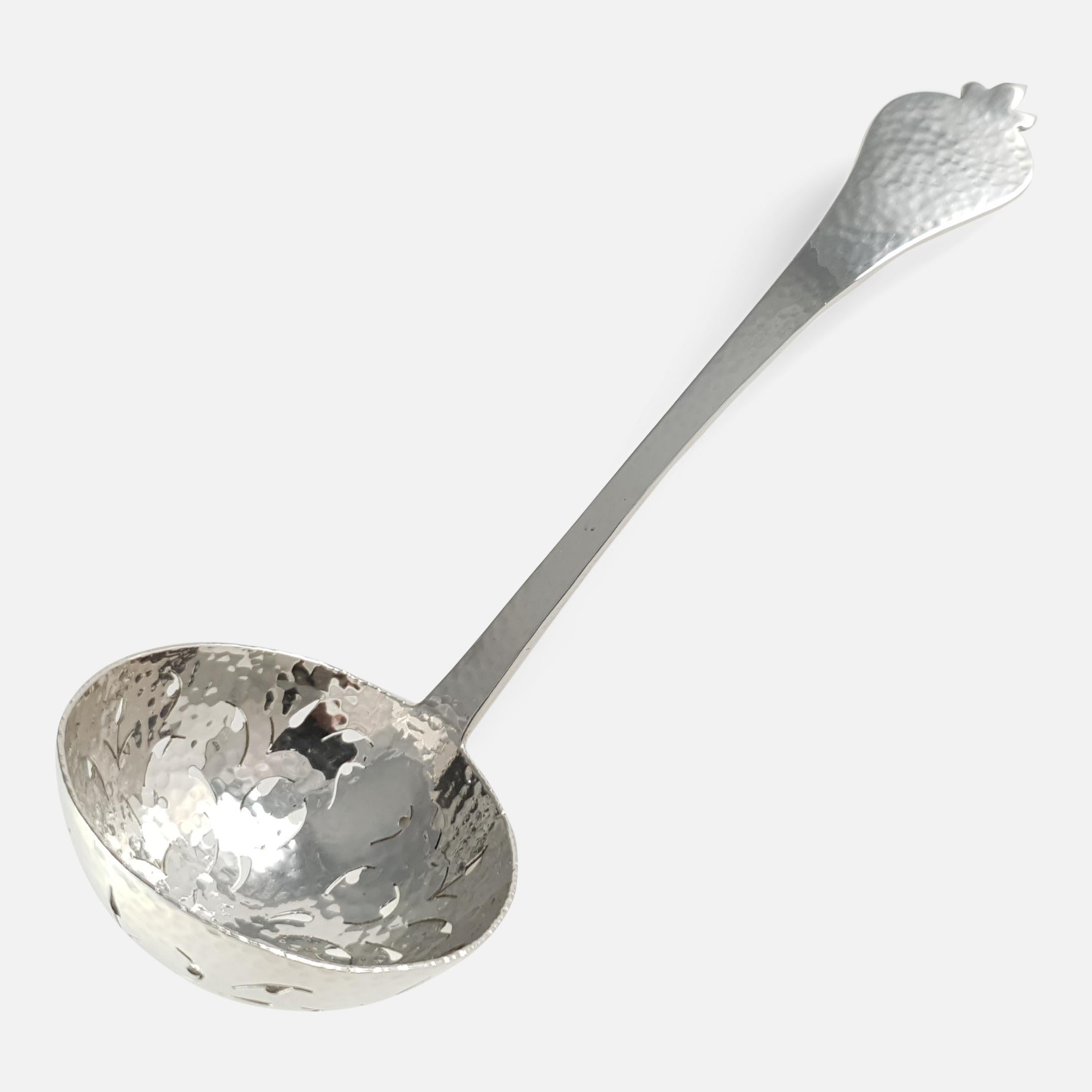 British Silver Spot Hammered Sugar Sifting Spoon, Wakely and Wheeler, 1903