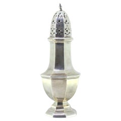 Silver sprinkler in octagonal shape with knob on the lid and grooves on the base