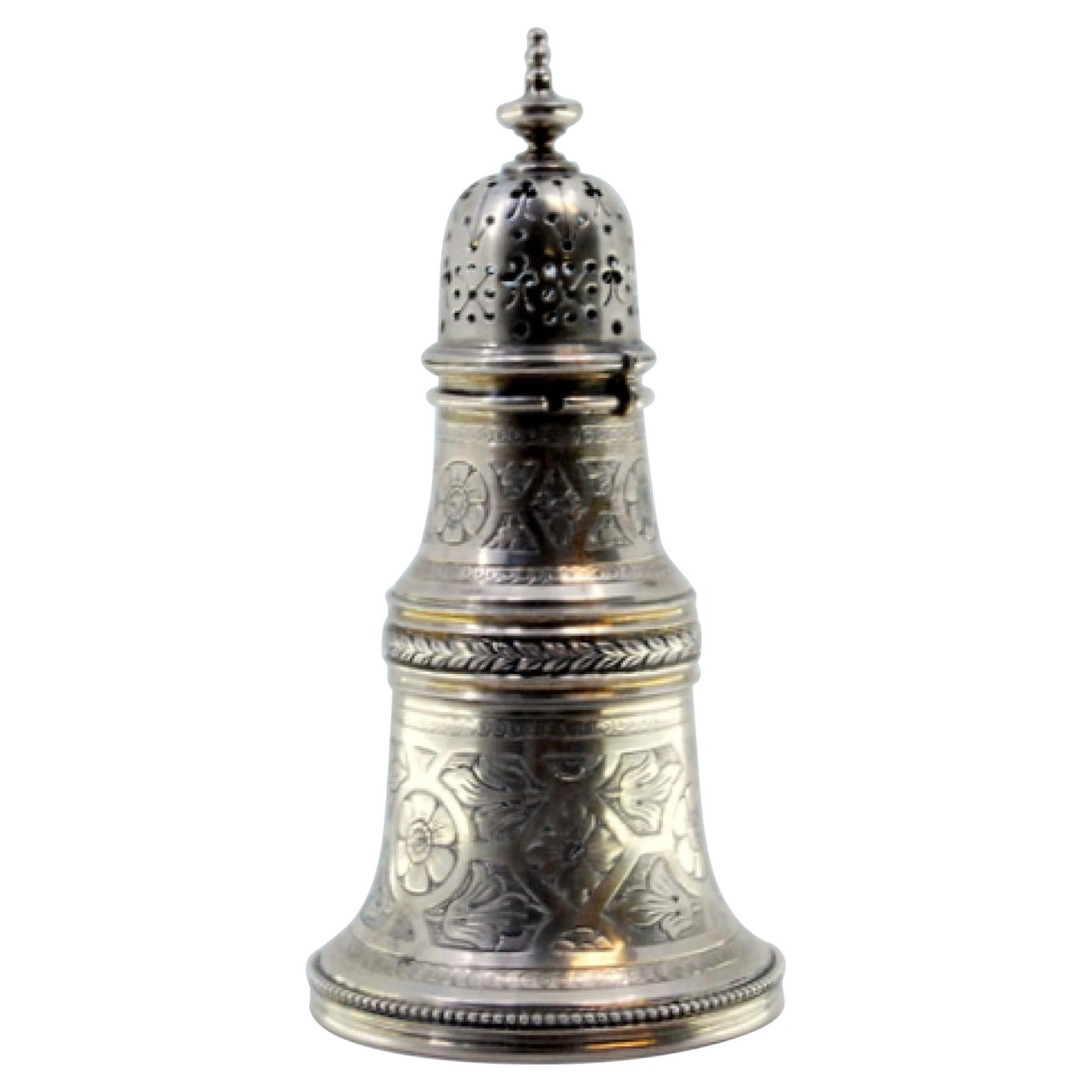 Silver sprinkler with chiseled acanthus flowers, leaves, and rim friezes