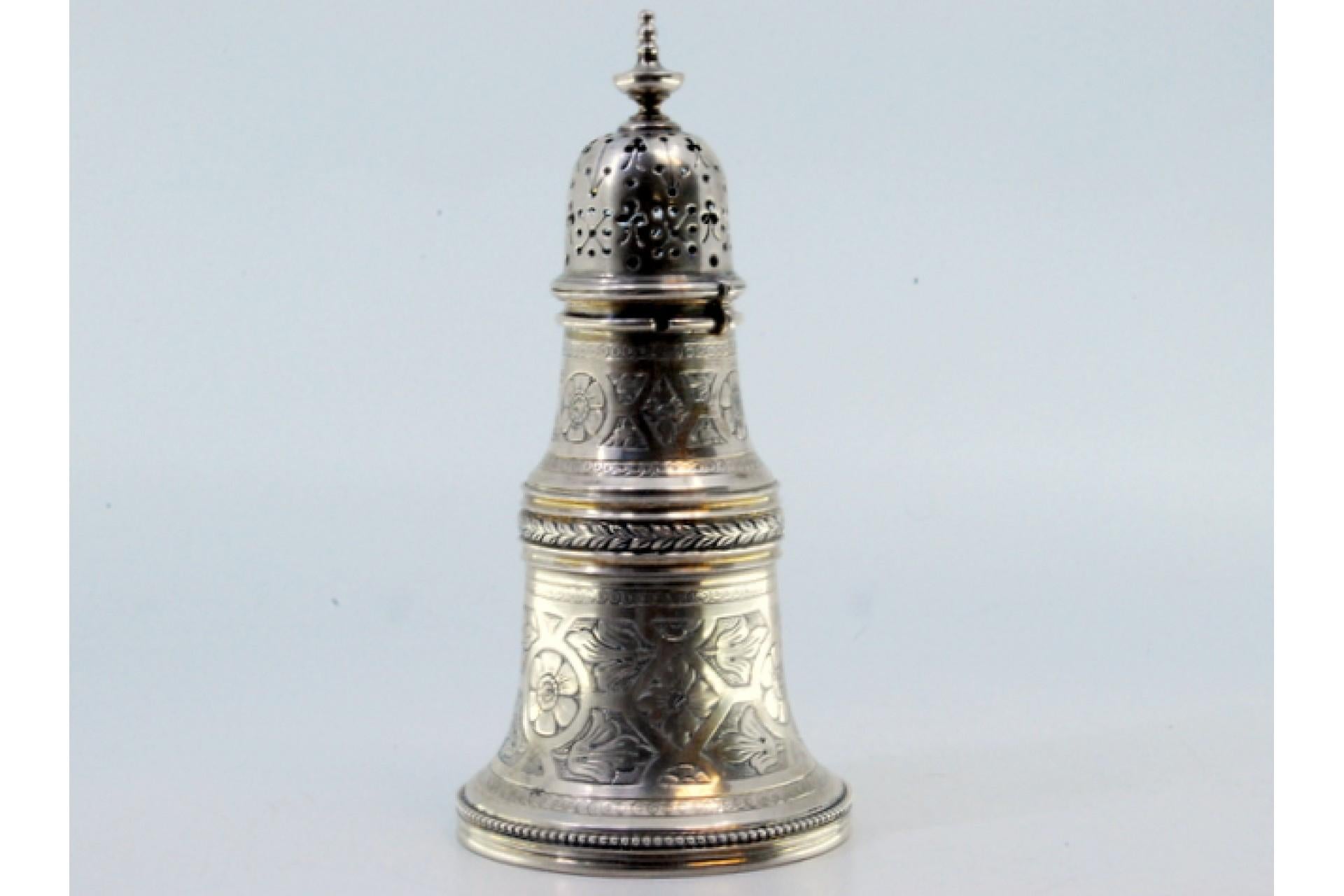 Silver sprinkler with chiseled acanthus flowers, leaves, and rim friezes