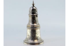 Silver sprinkler with chiseled acanthus flowers, leaves, and rim friezes