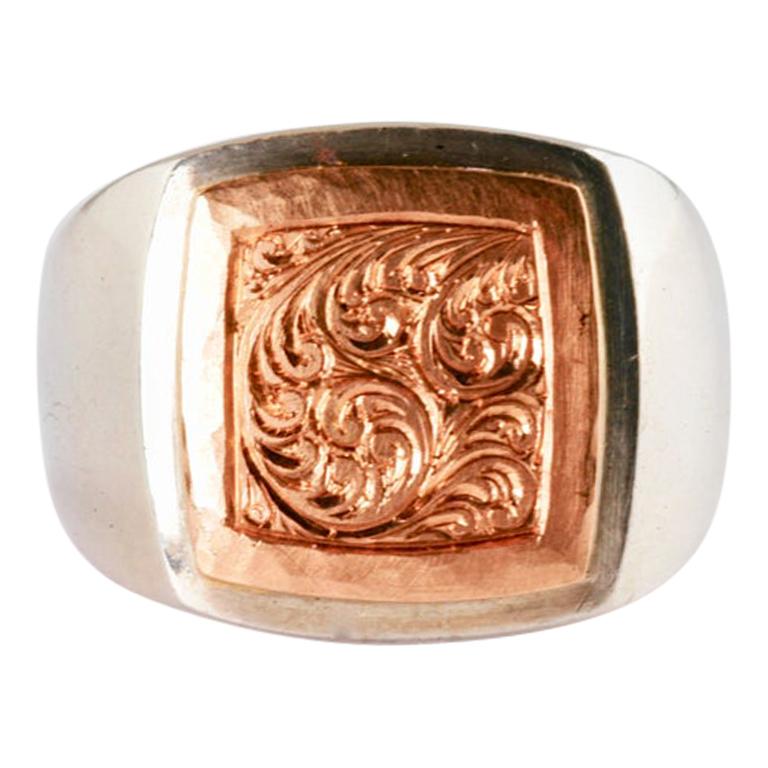 Silver Square Signet Ring with 18 Carat Rose Gold Hand Engraved Detail For Sale