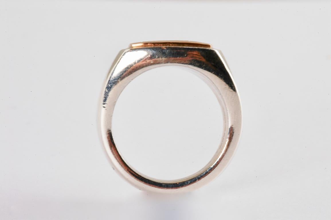 Silver Square Signet Ring with 18 Carat Rose Gold Hand Engraved Detail In New Condition For Sale In  London, GB