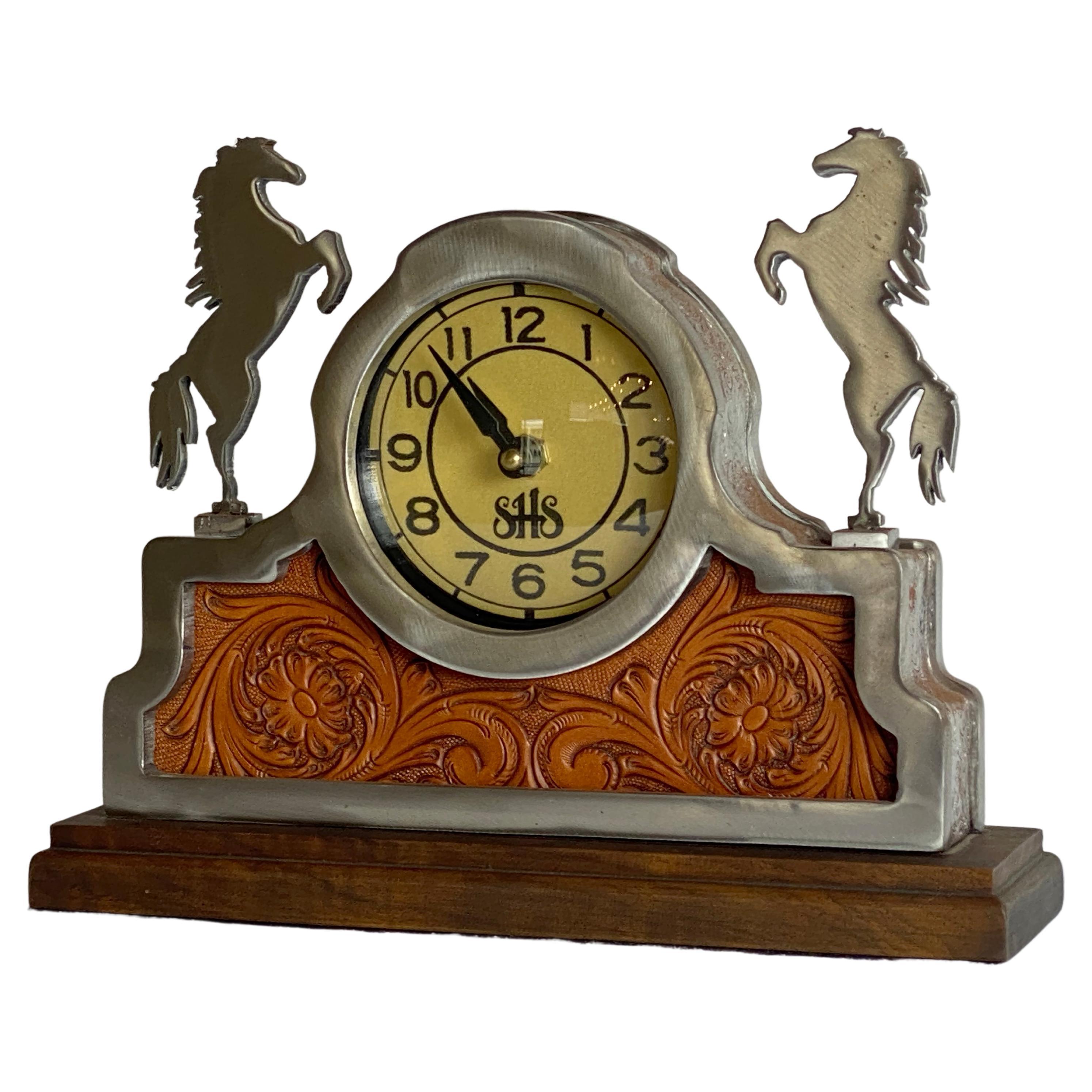 Silver Stallion Wood, Tooled Leather, Polished Steel Desk Clock For Sale