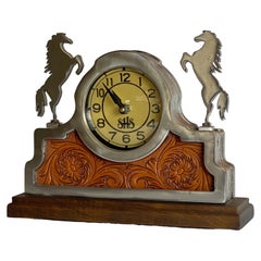 Silver Stallion Wood, Tooled Leather, Polished Steel Desk Clock