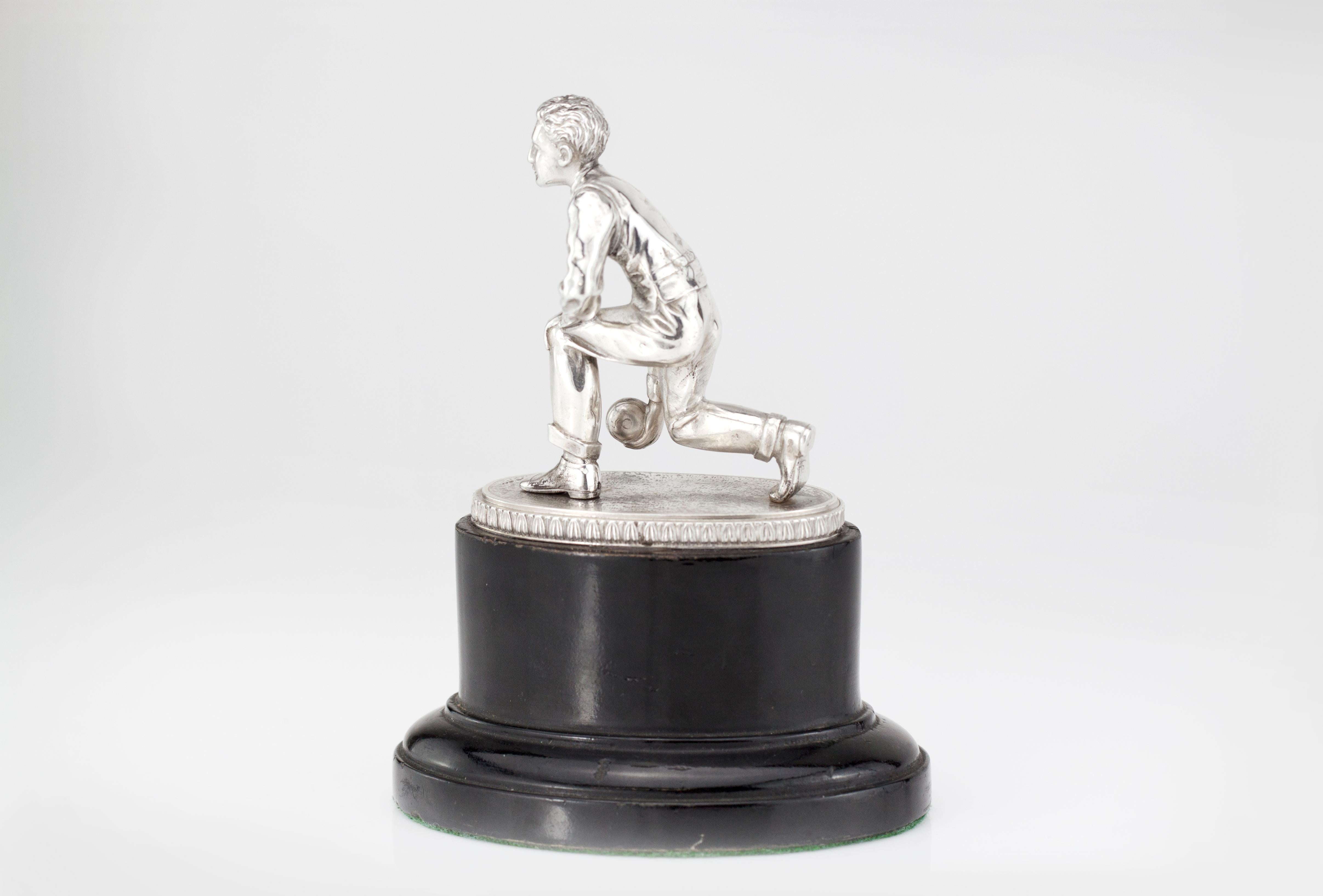 Art Deco Silver Statue 'Bowling Player' with a Wooden Base For Sale