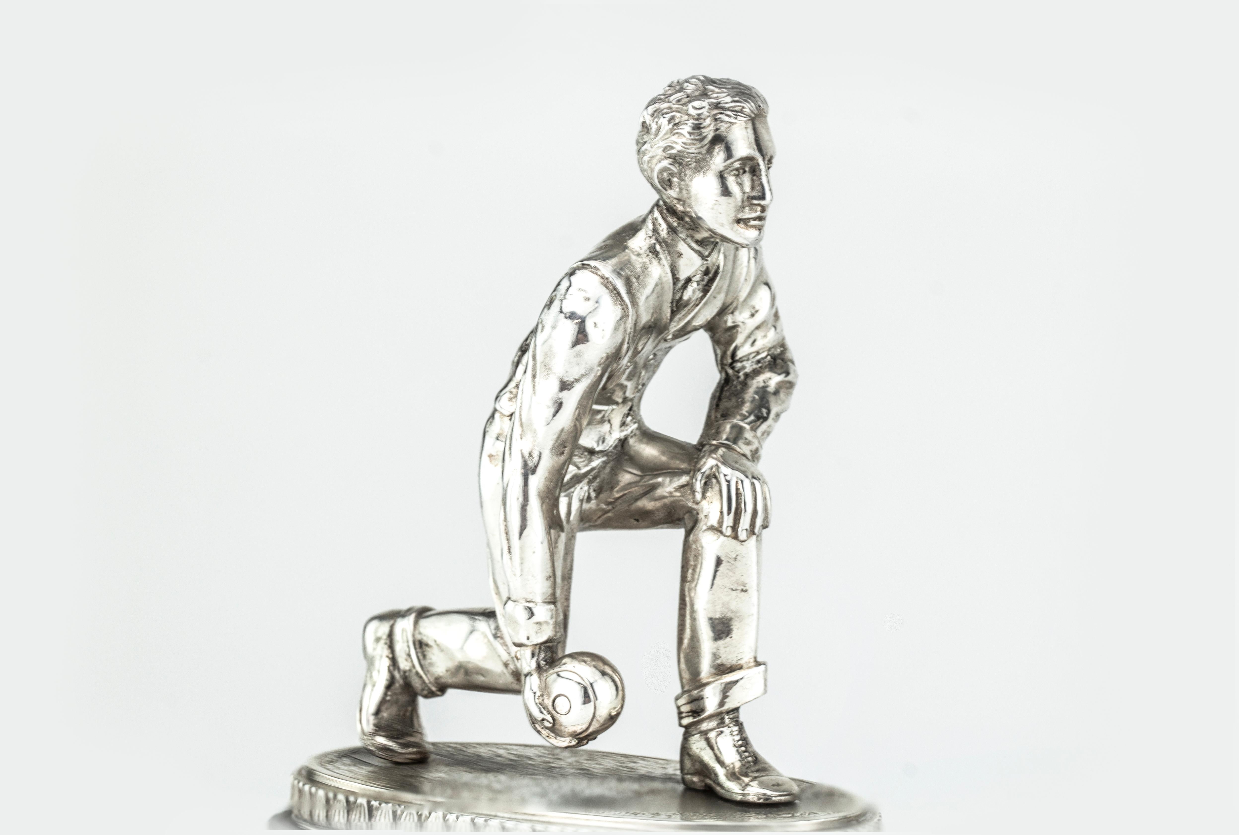 British Silver Statue 'Bowling Player' with a Wooden Base For Sale