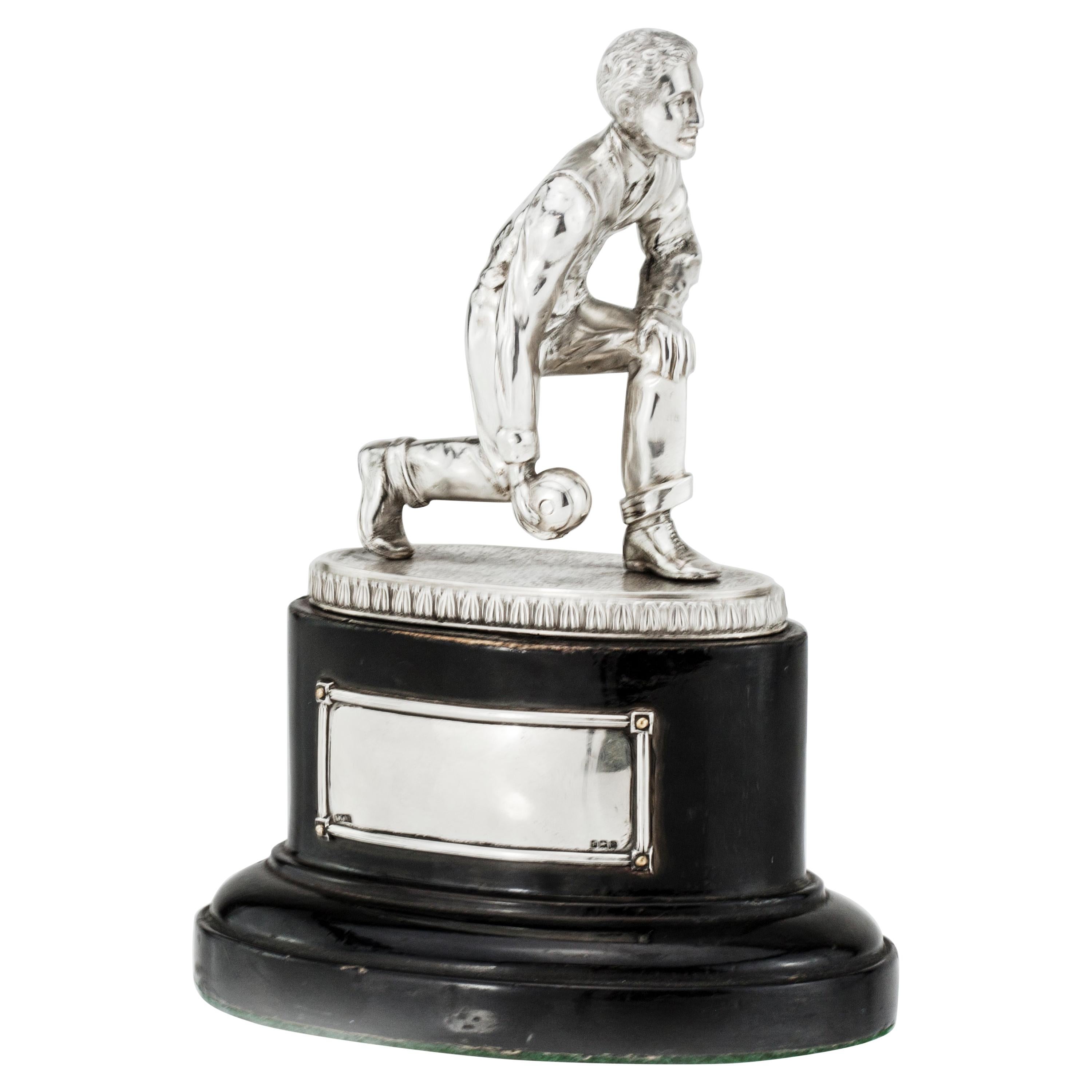 Silver Statue 'Bowling Player' with a Wooden Base For Sale