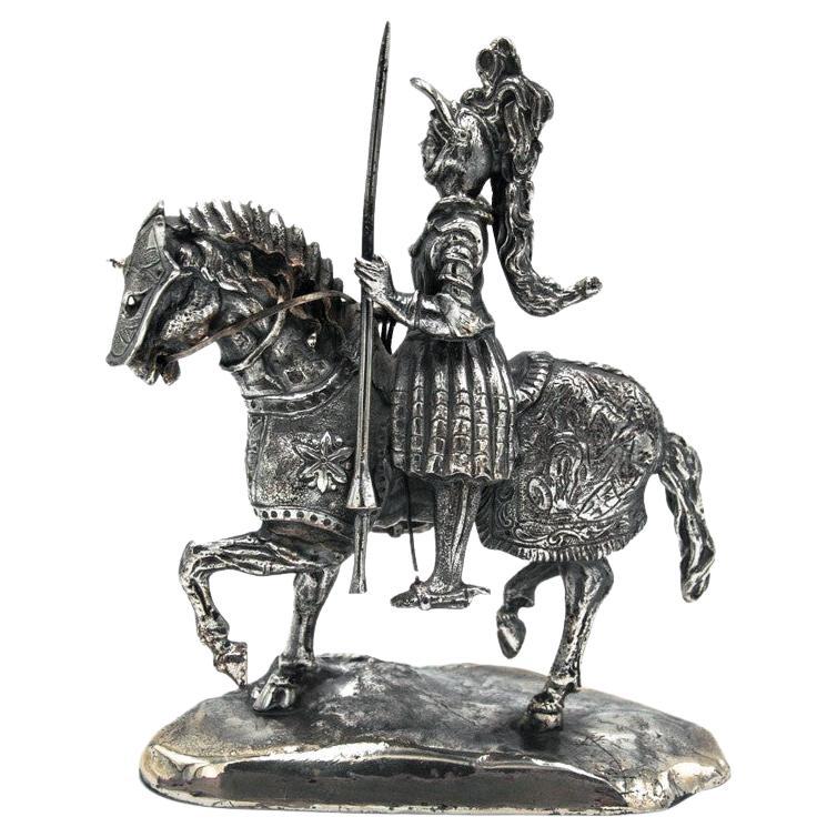 Silberstatue eines Ritters zu Pferd, 800er Silber, Italien im Angebot