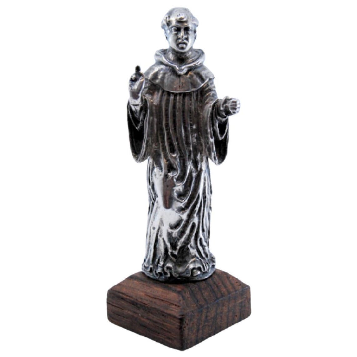 Silver statuette of Saint Anthony with wooden base