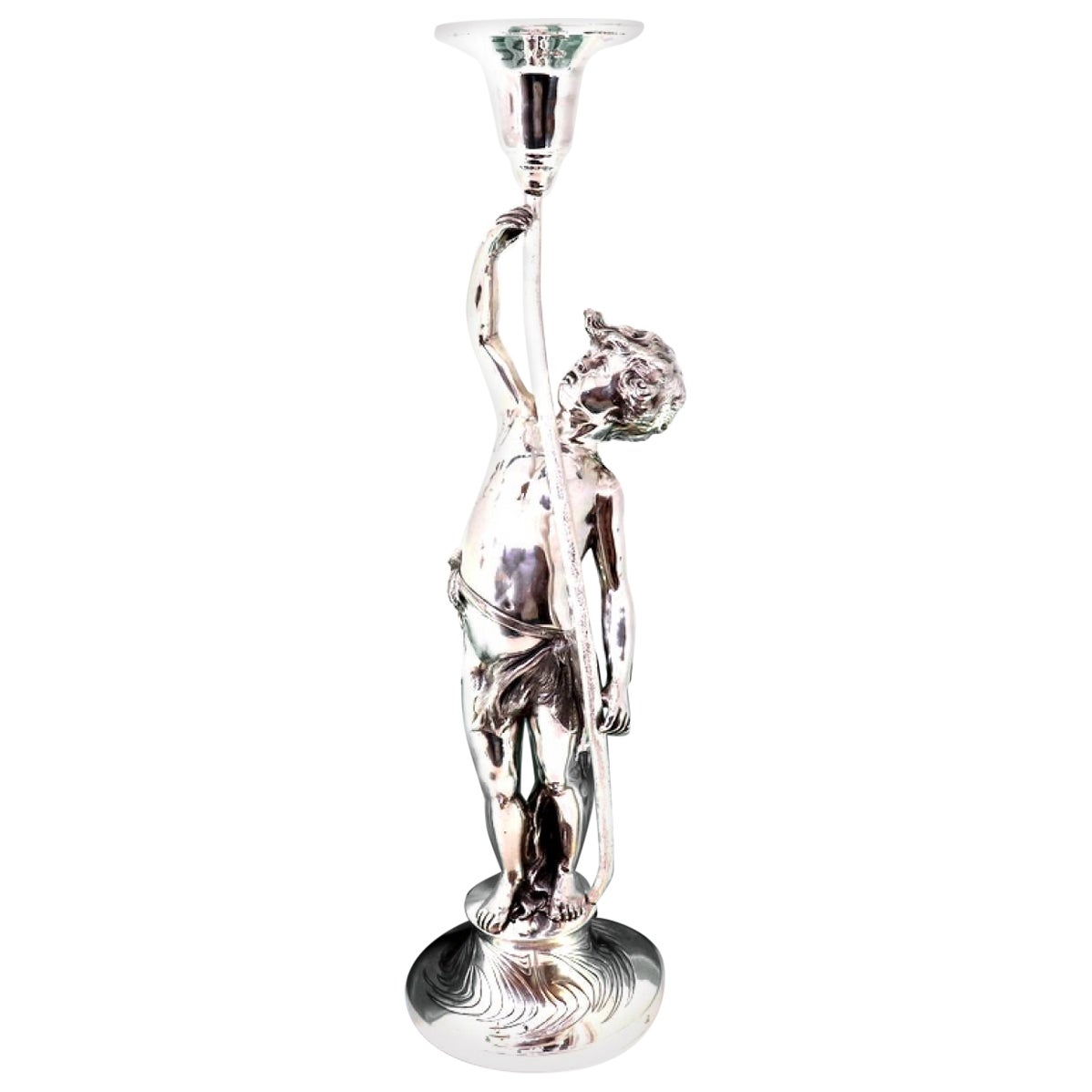 Silver statuette with figure on pedestal and chalice candle holder For Sale