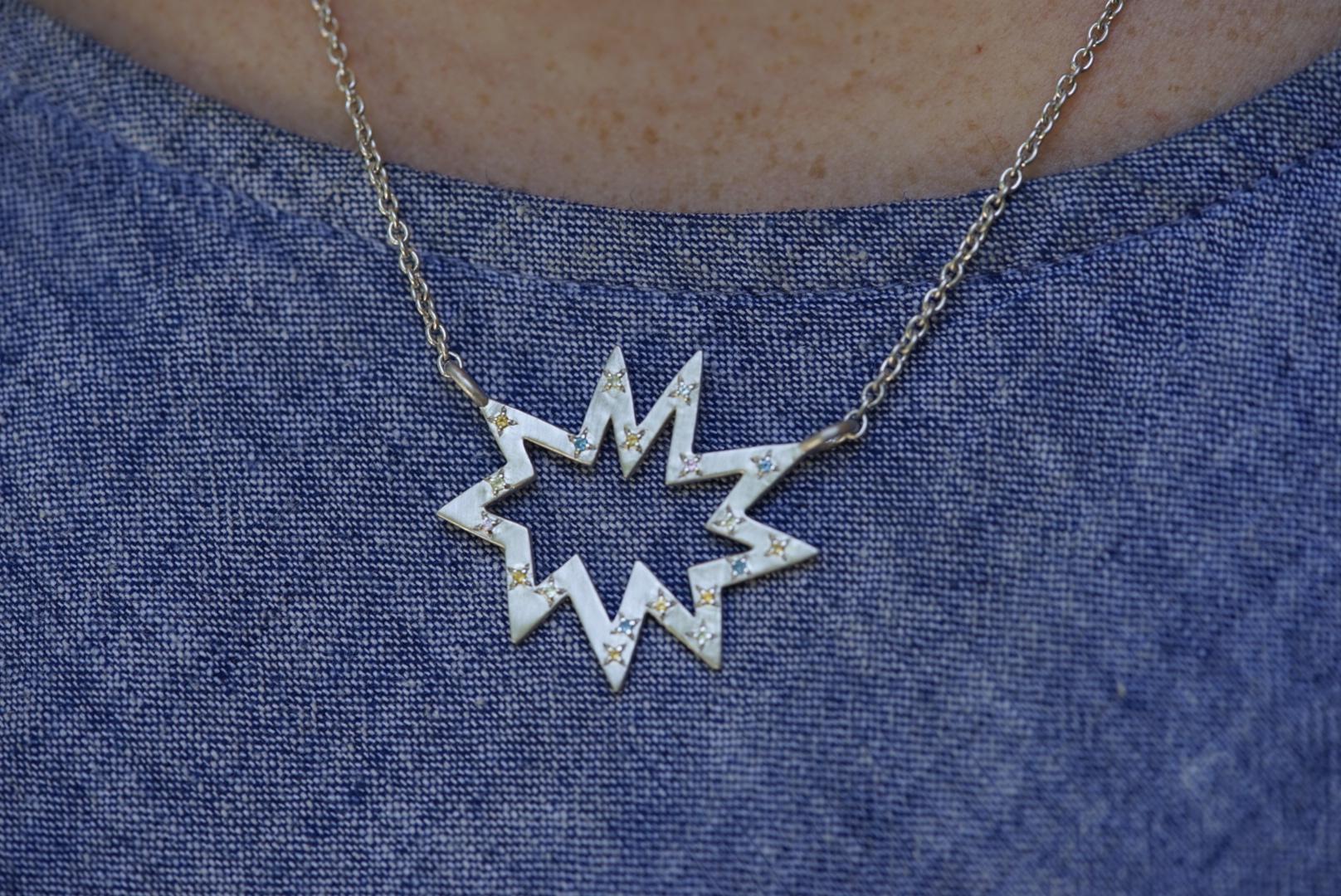 Bright and airy! Our iconic matte silver Stella necklace is fresher than ever in its new Stella Nova incarnation. This version features 19 small gemstones and is suspended on a substantial silver chain. Perfect by itself or layered.  
 

14k matte