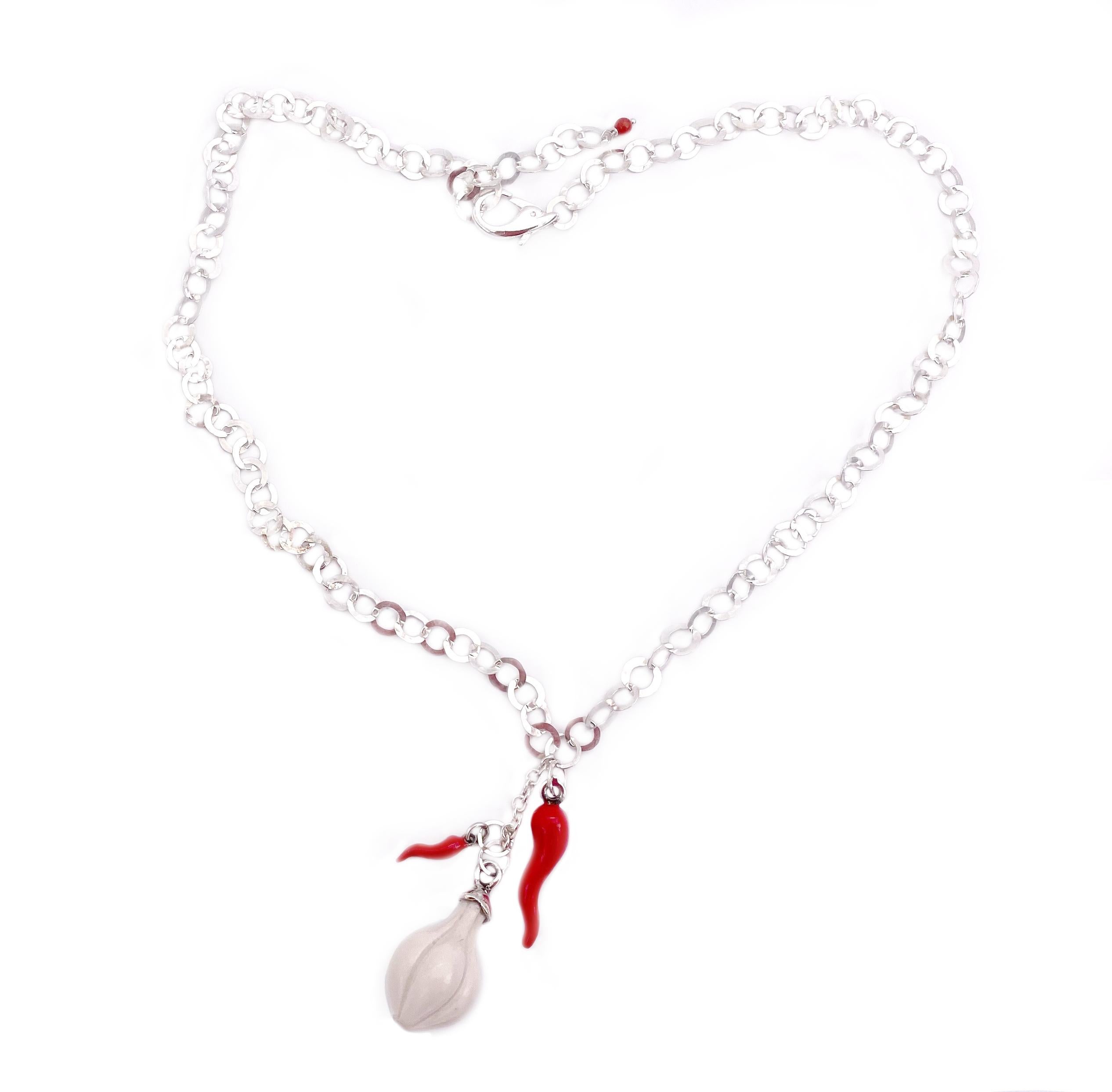 Modern Red Chili Pepper & Garlic Silver Starling Lucky Chain Amulet Pendant Necklace For Sale