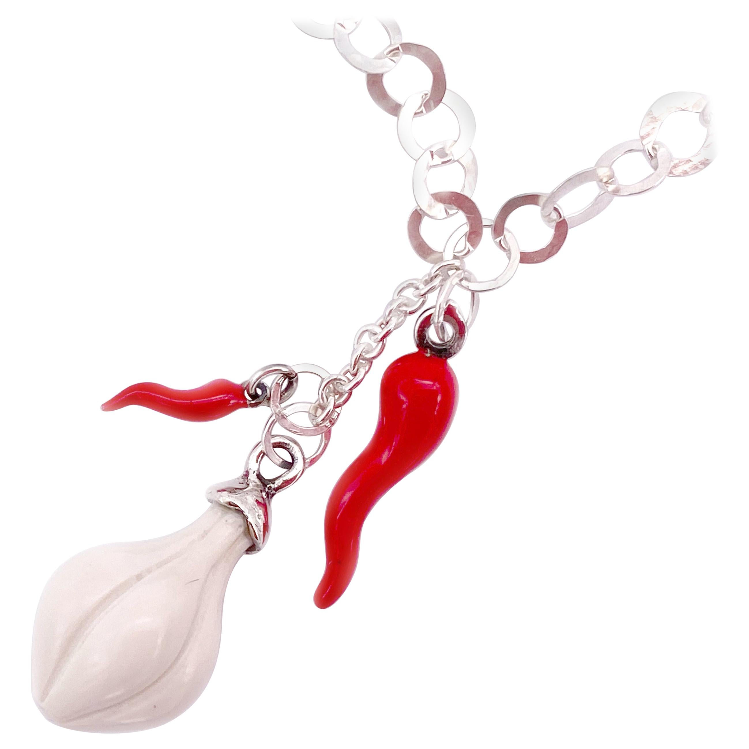 Red Chili Pepper & Garlic Silver Starling Lucky Chain Amulet Pendant Necklace For Sale