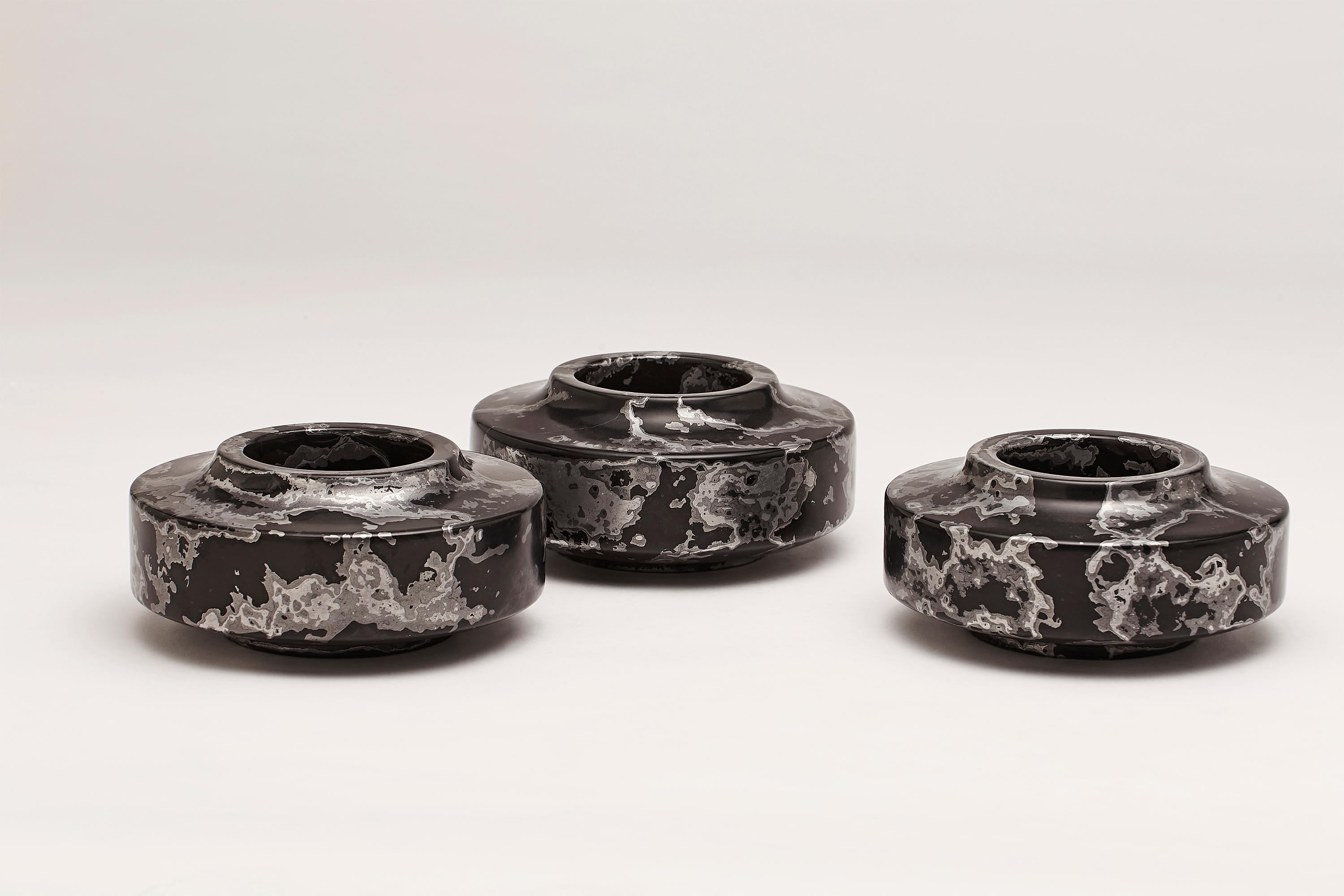 Modern Silver Stone, Contemporary Set of Vessels in Black and Silver by Nic Parnell For Sale