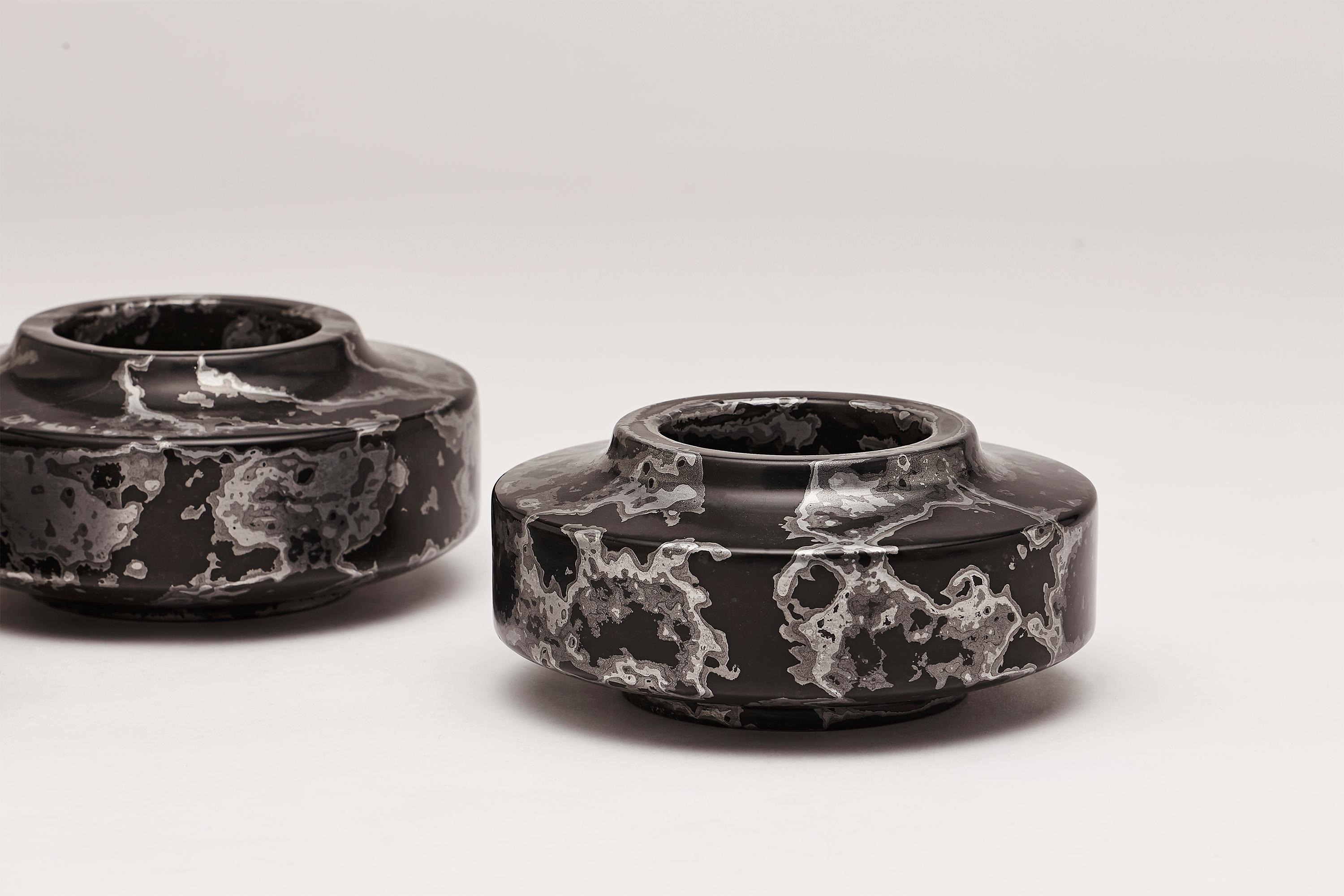 Lacquered Silver Stone, Contemporary Set of Vessels in Black and Silver by Nic Parnell For Sale