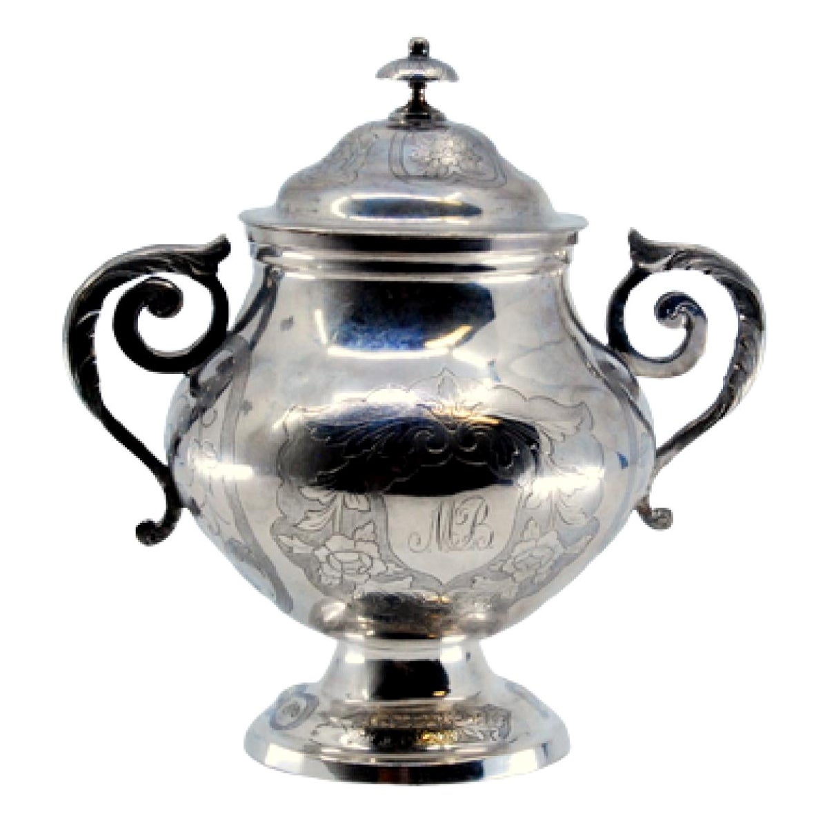 Silver sugar bowl engraved w/ floral motifs, knobbed lid 
palm-form handles