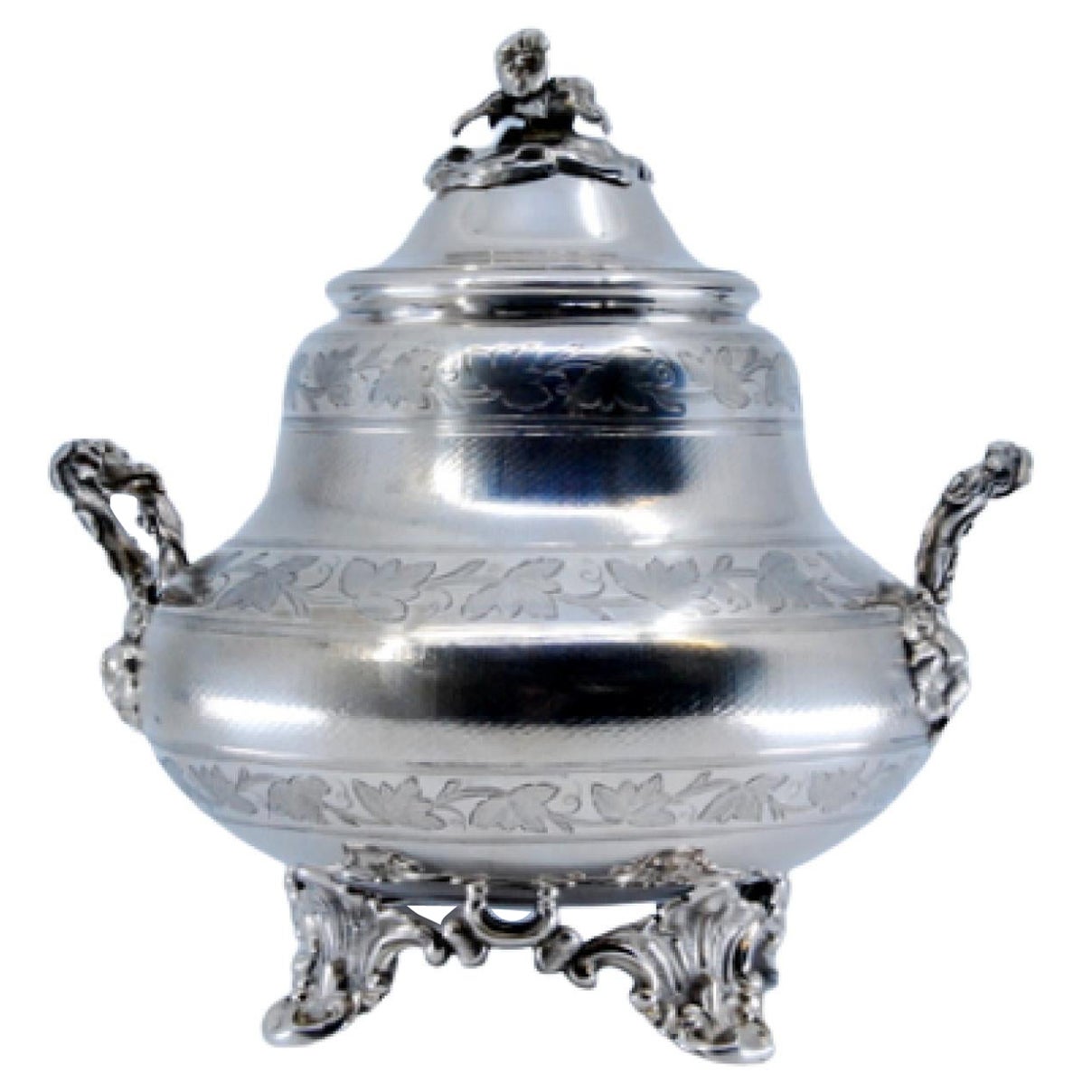 Silver sugar bowl w/ engraved monogram card, relief lid 
four feet