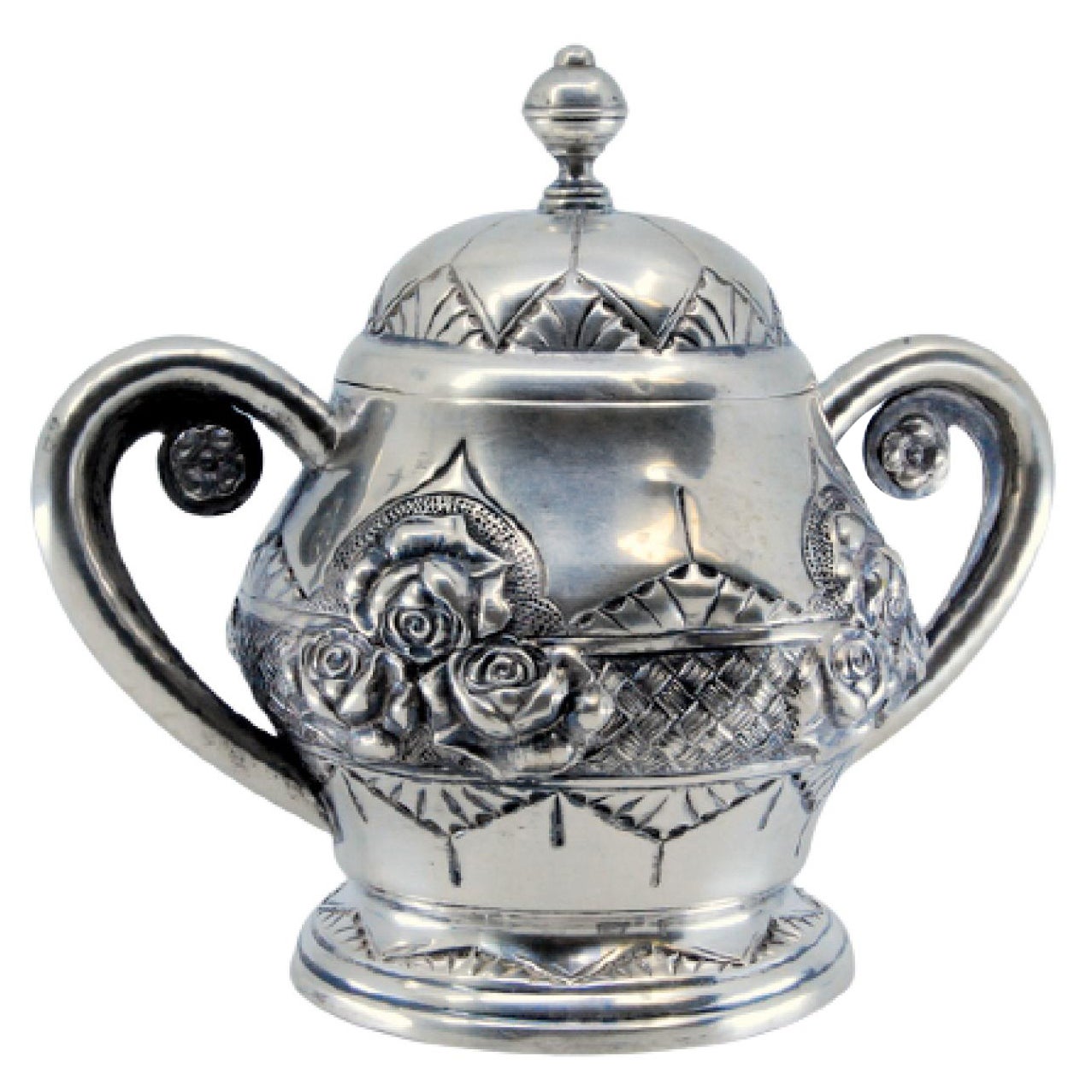 Silver sugar bowl w/ floral reliefs, double handle 
resting on a frilled base