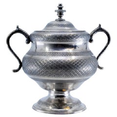 Silver sugar bowl w/ guilloche diamond engraving, removable lid 
curved handles
