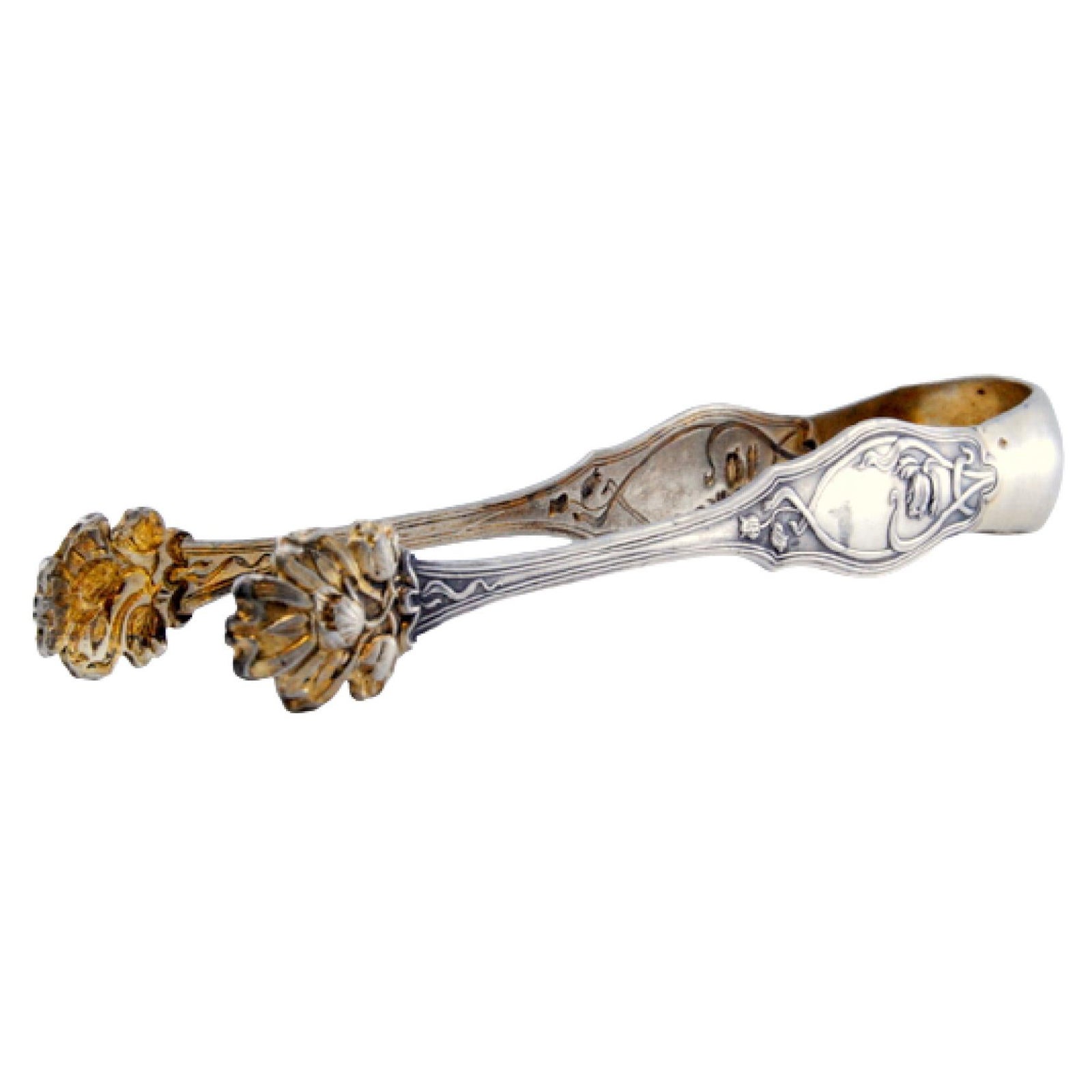 Silberne Zuckerzange in Form von Klauen mit erhabenen floralen Motiven im Angebot