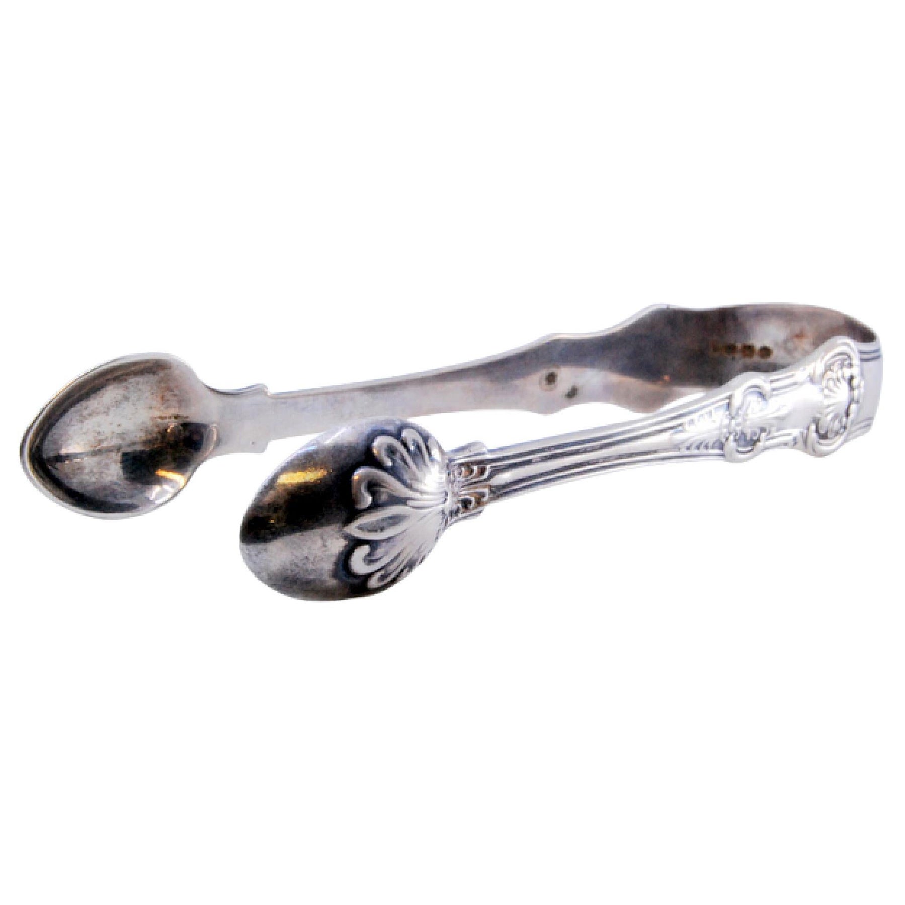 Silver sugar tongs with reliefs surrounding monogram cards