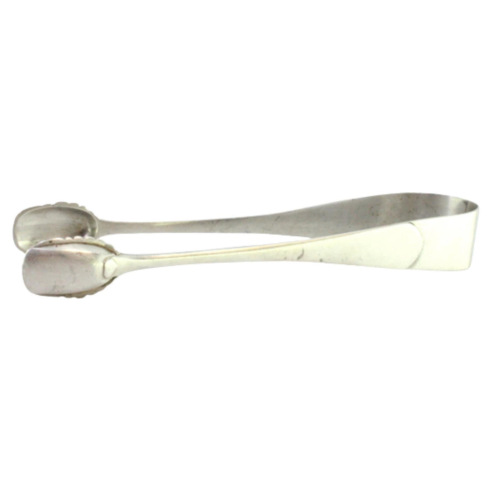 Silver sugar tongs with shell-shaped cutouts on the tongs