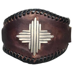 Manchette en cuir Silver Sun, argent sterling, marron, noir, argent coulé, Santa Fe