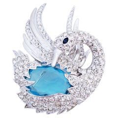 Silver Swan Figural Brooch With Aquamarine Crystal By Nolan Miller, 1980s