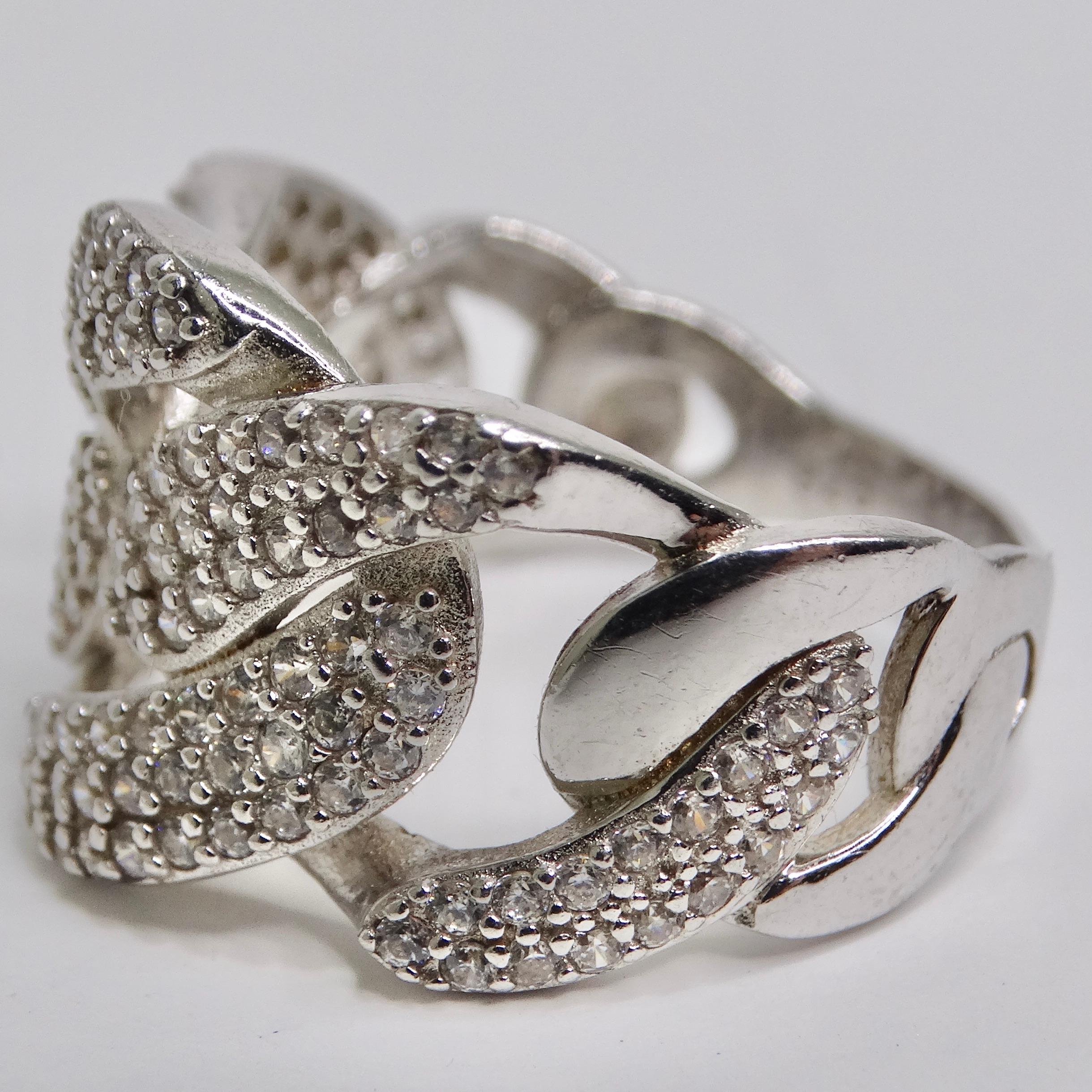 Silver Swarovski Crystal Chain Motif Ring In Excellent Condition For Sale In Scottsdale, AZ