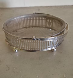 silver swing handled oval basket, glass liner, 1935