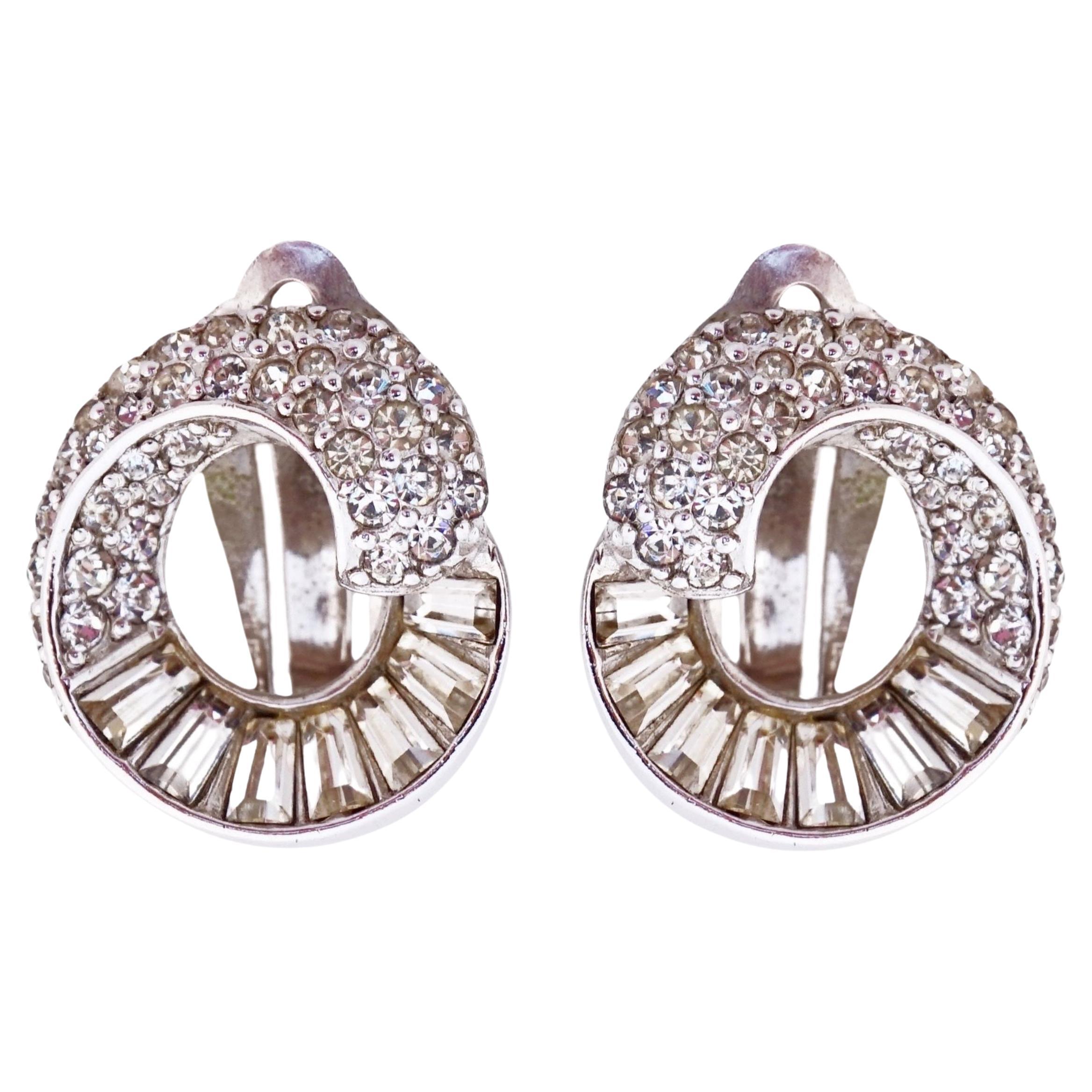 Silver Swirl Earrings With Crystal Pavé and Baguettes By Pennino, 1950s