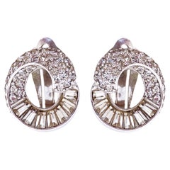 Vintage Silver Swirl Earrings With Crystal Pavé and Baguettes By Pennino, 1950s