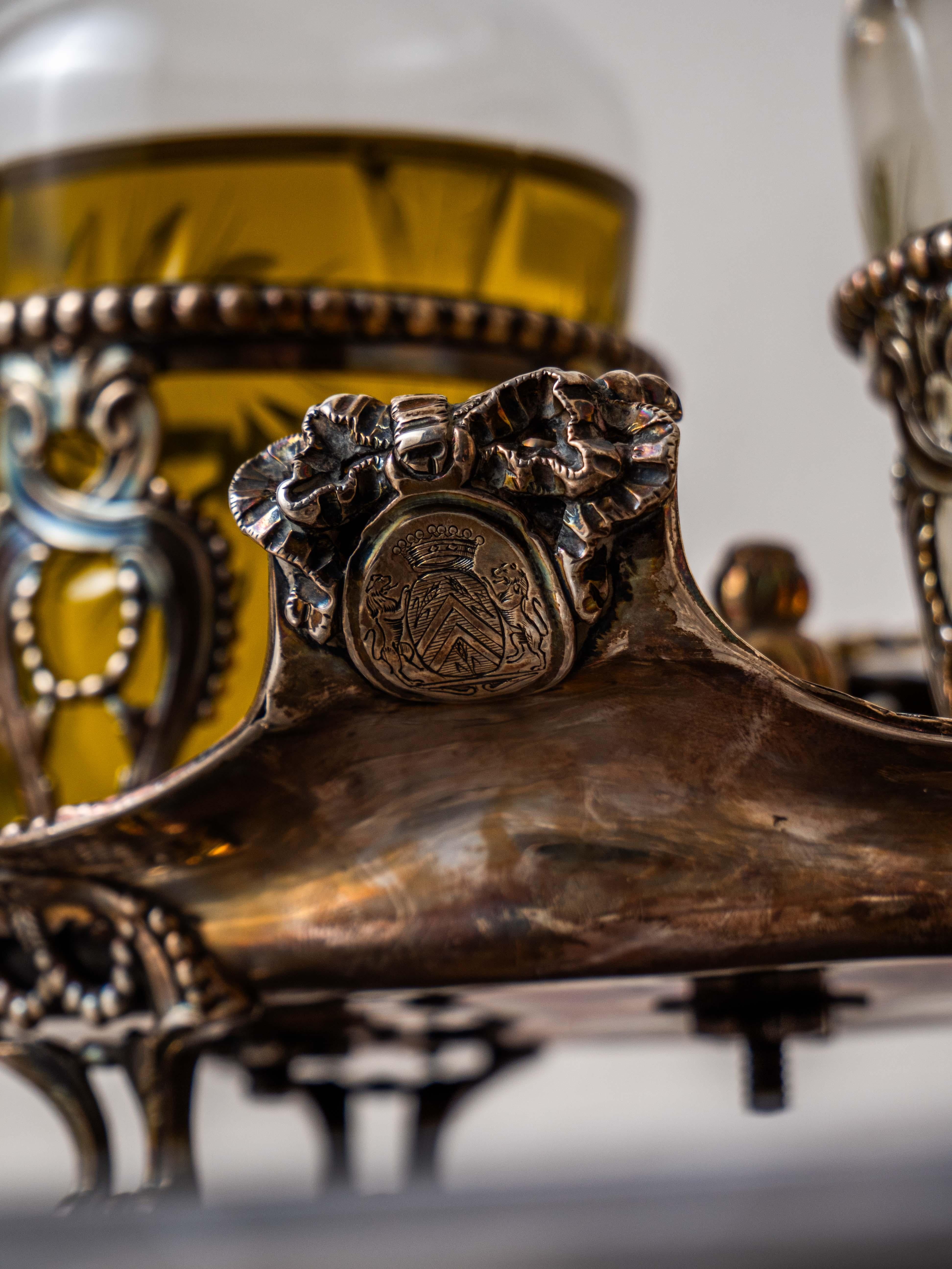 Louis Philippe Silver table oil and vinegar set with coat of arms For Sale