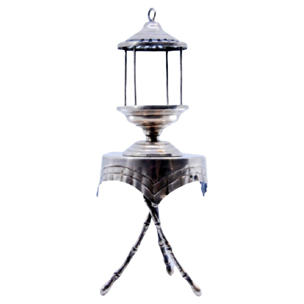 Silver table-shaped toothpick holder with birdcage on bamboo legs
