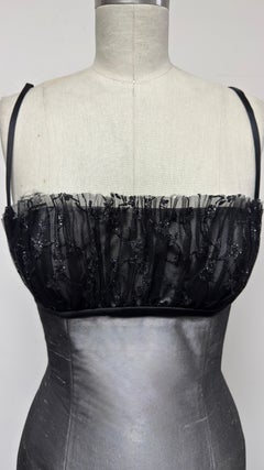 Silver Taffeta Silk Dress with Black Sequined Tulle Bustier and Back Pleat